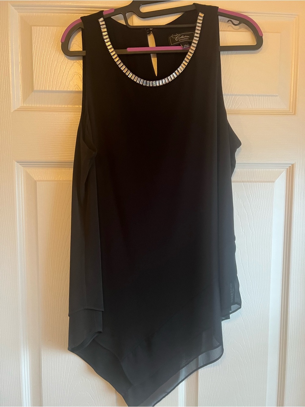 Dress Barn Collection Asymmetrical  Sleeveless Black Jeweled Neck Chiffon Top